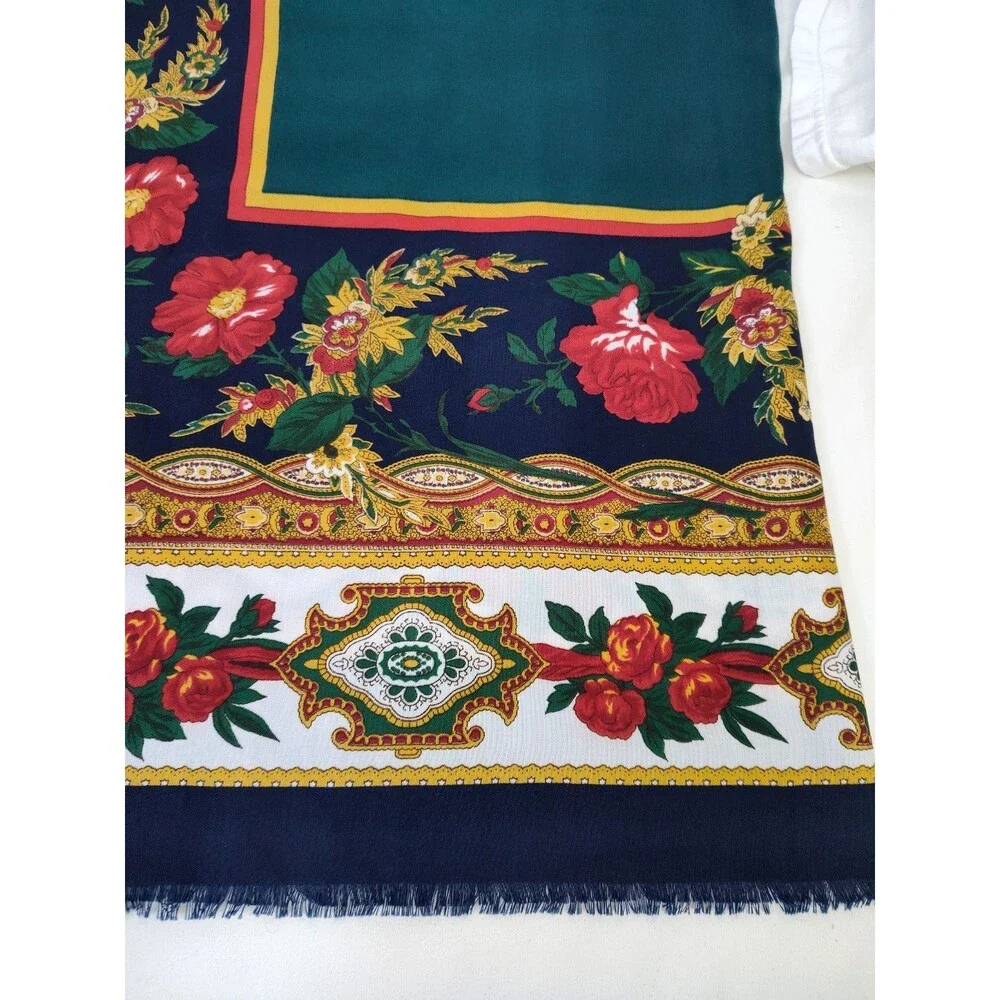 VTG Elaine Gold  Italy Scarf Shawl Blue Burgundy Green Floral Paisley 45”x45